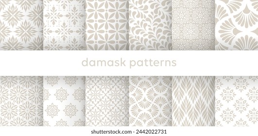 Set of vector elegant damask patterns. Vintage royal patterns with a label. Seamless vector patterns.