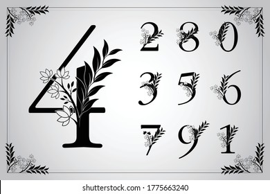 Set of vector elegant numbers, flower-patterned numeration.