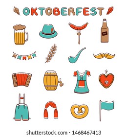 Set of vector elemens and hand drawn inscription of Oktoberfest - Hand drawn colorful illustration - Isolated on white