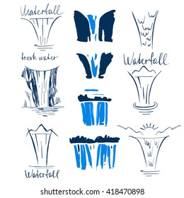 Set of vector element design line sketch nature waterfalls. Hand drawn illustration blue waterfall on white background