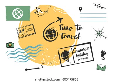Set of vector element for summer holiday postcard. Illustration of journey image for best tour advertising.  Abstract black logo with world and balloon  for travel agency business. 