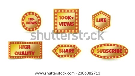 Set of vector elements 1 Million, 100k, like, share and subscribe golden badge social media big collection.