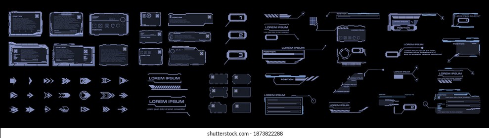 Establezca los elementos vectoriales 2021 para la interfaz HUD. Llamadas, flechas, signos de información, marcos, bloques de texto. Elementos digitales futuristas para la interfaz de usuario. Interfaz gráfica de usuario virtual