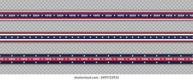 Set of vector elements for the 2024 USA Presidential Election with various horizontal ribbons, stripes and tapes in red, white, and blue colors of American flag with stars on transparent background