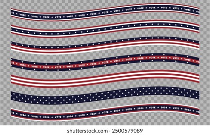 Set of vector elements for the 2024 USA Presidential Election with various wavy ribbons, stripes and tapes in red, white, and blue colors of American flag with stars on transparent background