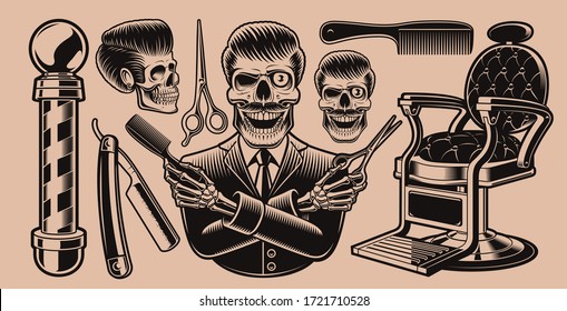 Set of vector elements for barbershop theme on a dark background. These vector illustrations are perfect for apparel designs, logos, and many other uses.