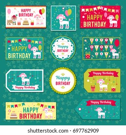 Set of vector elements for birthday design. Labels, stickers, tags for gifts, invitations and congratulations. Perfect for printing on paper, design.