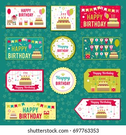 Set of vector elements for birthday design. Labels, stickers, tags for gifts, invitations and congratulations. Perfect for printing on paper, design.