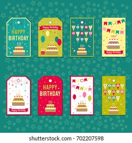 Set of vector elements for birthday design. Labels, stickers, tags for gifts, invitations and congratulations. Children's holiday