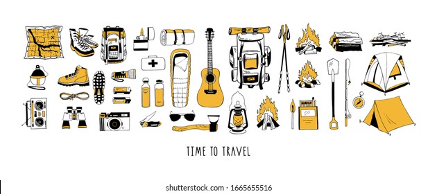 Set of vector elements in black and yellow colors isolated on white. Hiking, camping. Backpack, boots, tent, sleeping bag, compass, map, flashlight, binoculars, camera, reusable bottle, first aid kit
