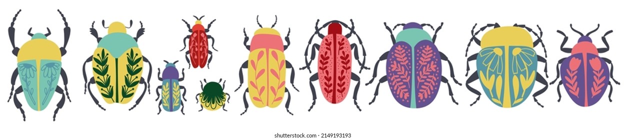 Set of vector elements. Bugs with flowers. Decorative beetles botanical design. Collection of insects for posters and cards. Bright vivid colors. Hand drawn insects symbol. Pack of icons.
