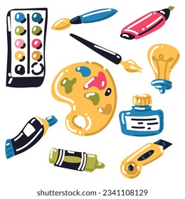 A set of vector elements of cartoon-style drawing tools. Art supplies tubes of paints, brushes, pencil, watercolor, palette, ink, ink. Modern vector illustration on a white, hand-drawn flat design