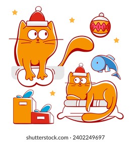 Set of vector elements, cat in Santa's hat preparing food, fish, Christmas tree toy, gifts in cute cartoon style.