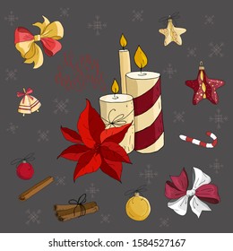 Set of vector elements for christmas design. Candles, poinsettia, toys, bells, cinnamon, bows.