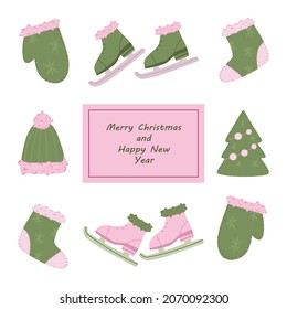 Set of vector elements for Christmas and New Year in pink and green colors on a white background. Winter hat, mittens, skates, Christmas tree, boots