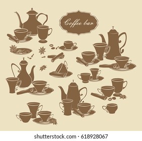 Set of vector elements of coffee pots, cups and spices. Grains of coffee, anise, cinnamon, sprigs of carnation.