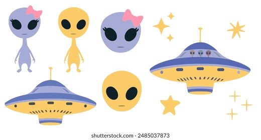 Set of vector elements. Collection of cartoon characters, UFO, alien, spaceship, Cute design for decor, stickers, kids.