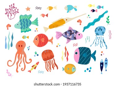 A Set Of Vector Elements With Colorful Tropical Sea Fish, Octopuses And Sea Animals In A Scandinavian Style On A White Background. Children's Vector Illustration For Pajamas, Fabrics, Postcards