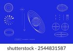 Set of vector elements in cosmic science and atomic structures. Planetary orbits, atomic particles, wave forms, geometric diagrams. Concept of physics, astronomy, atomic theory and cosmic exploration.