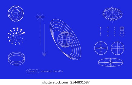 Conjunto de elementos vetoriais em ciência cósmica e estruturas atômicas. Órbitas planetárias, partículas atômicas, formas de onda, diagramas geométricos. Conceito de física, astronomia, teoria atômica e exploração cósmica.