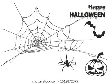Set of vector elements to create different invitations and posters for Halloween: web, happy Halloween inscription, pumpkin and spiders on a white background
