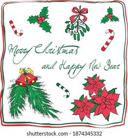 
A set of vector elements for creating a postcard - bells, an inscription, candies, a Christmas flower in a green-red frame