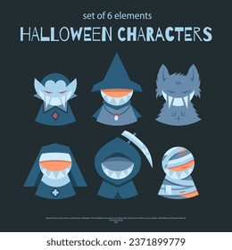 Set of vector elements of creepy characters. 6 icons for Halloween on a dark background.