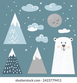 Set of vector elements Cute cartoon teddy bear, mountains with snow caps, clouds, moon with smiling eyes, pictures for children's design with watercolor textures