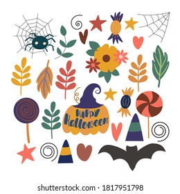 Set of vector elements for the decoration of the autumn holiday Halloween, on a white background.