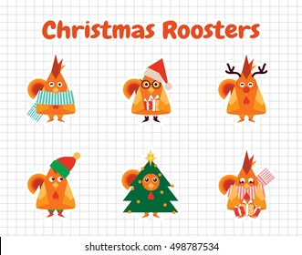 Set of vector elements for design. Cartoon holiday character. Kawaii red roosters in Christmas dress. Rooster Santa Claus, Rooster Elf, Rooster Deer, Rooster Christmas tree, chickens with presents