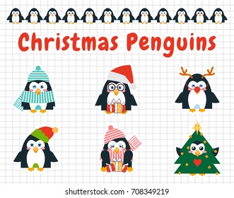 Set of vector elements for design. Cartoon holiday character. Kawaii boys and girl penguins in Christmas dress. Penguin Santa Claus, Penguin Elf, Penguin Deer, Penguin Christmas tree
