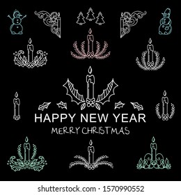 Set of vector elements for design in chalkboard style. Ornate arts of candles with fir tree branches, holly wreath, candy cane. Perfect for Christmas or New Year Holiday design, greeting cards