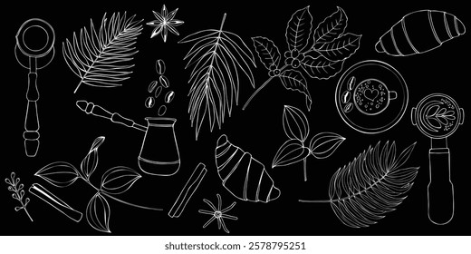 A set of vector elements for the design of the coffee shop menu. Graphic drawing of a branch of a coffee tree, a turkey, a coffee cup.
