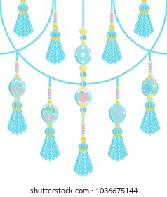 Set of vector elements for design. Cute ornate necklace or ribbon with yarn, thread tassel with double eggs and golden beads. Spring, april, Eastern pattern. Flat realistic style, punch pastel colors