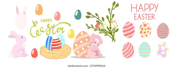 Set of vector elements for design for the Easter holiday. Rabbit, colored eggs, inscriptions and flowers.