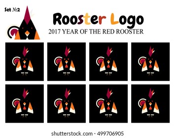 Set of vector elements for design. Illustration of abstract rooster for logo, logotype, sign, emblem, banner, icons. Abstract flat style. Symbol of 2017 year. Bird on black rectangle background Set 2