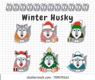 Set of vector elements for design. Illustration of kawaii husky, malamutes with Christmas masquerade outfits: Santa Claus, deer, Elf, Christmas tree and big anime eyes. Squared paper background