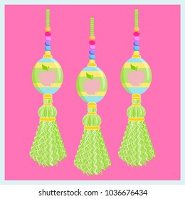 Set of vector elements for design. Template for greeting card or other design in trendy punch pastel colors, festive design. Ornate eggs with yarn, thread tassels and beads
