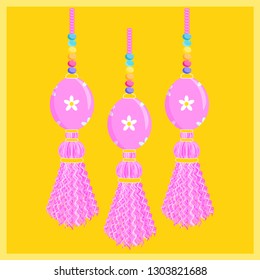 Set of vector elements for design. Template for greeting card or other design in trendy punch pastel colors, festive design. Ornate eggs with yarn, thread tassels and beads