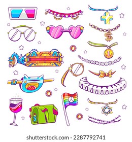 Set of vector elements of different shapes and sizes in cartoon comic style. Glasses, necklace, beads, collar, flag, wine glass, monocle, etc.