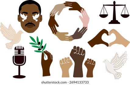 definir elementos vetoriais diversidade igualdade e liberdade diferentes cores da pele mão escamas do coração de justiça microfone dove mlk dia