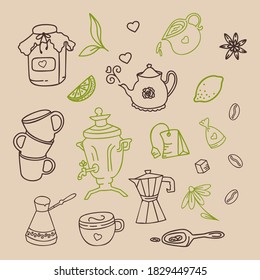 Set of vector elements in doodle style for tea and coffee design. Vector jar of jam, lemon, tea bag,  tea cups and coffee pot. 