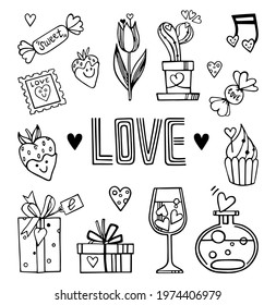 A set of vector elements in doodle style for Valentine's Day cards, posters and design. Isolated. Hand-drawn hearts, strawberry, cactus in pot, tulip, gift boxes, glass of wine. Symbols of love.