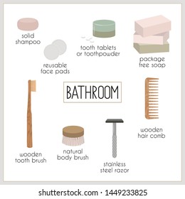 Set of vector elements, eco, green and zero waste lifestyle for bathroom cosmetics, hygiene, tooth brushing. For shop, article, website, illustration, infographic template. Signed.