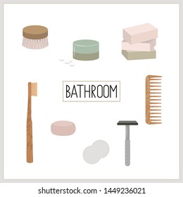 Set of vector elements, eco, green and zero waste lifestyle for bathroom cosmetics, hygiene, tooth brushing. For shop, article, website, illustration, infographic template.