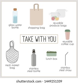 Set of vector elements, eco, green and zero waste lifestyle. Shopping fabric eco bag, glass water bottle, produce bag, mesh market bag, reusable coffee cup, stainless steel straw and bottle, lunch box