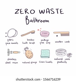 Set of vector elements, eco, green and zero waste lifestyle for bathroom cosmetics, hygiene, tooth brushing. For shop, article, website, illustration, infographic template.