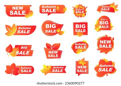 Set of vector elements for fall season discount, shop order, store sale. Labels, banners with gradient and autumn leaves