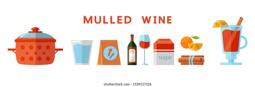 Set of vector elements in flat style isolated on white background. Mulled wine ingredients. Traditional winter alcoholic beverage. Popular Christmas drink. Clip art for grog recipe illustration
