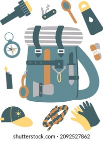 Set of vector elements in a flat style. Hiking. Illustrative elements.